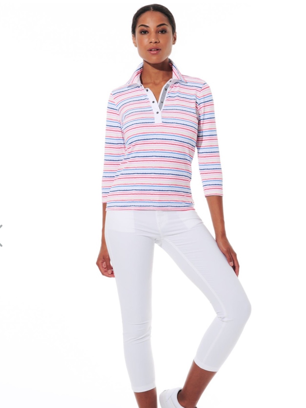 $217 MDC Rainbow Stripe Polo Shirt Pink Blue White Short Sleeve Women’s US 6 S - Picture 3 of 10